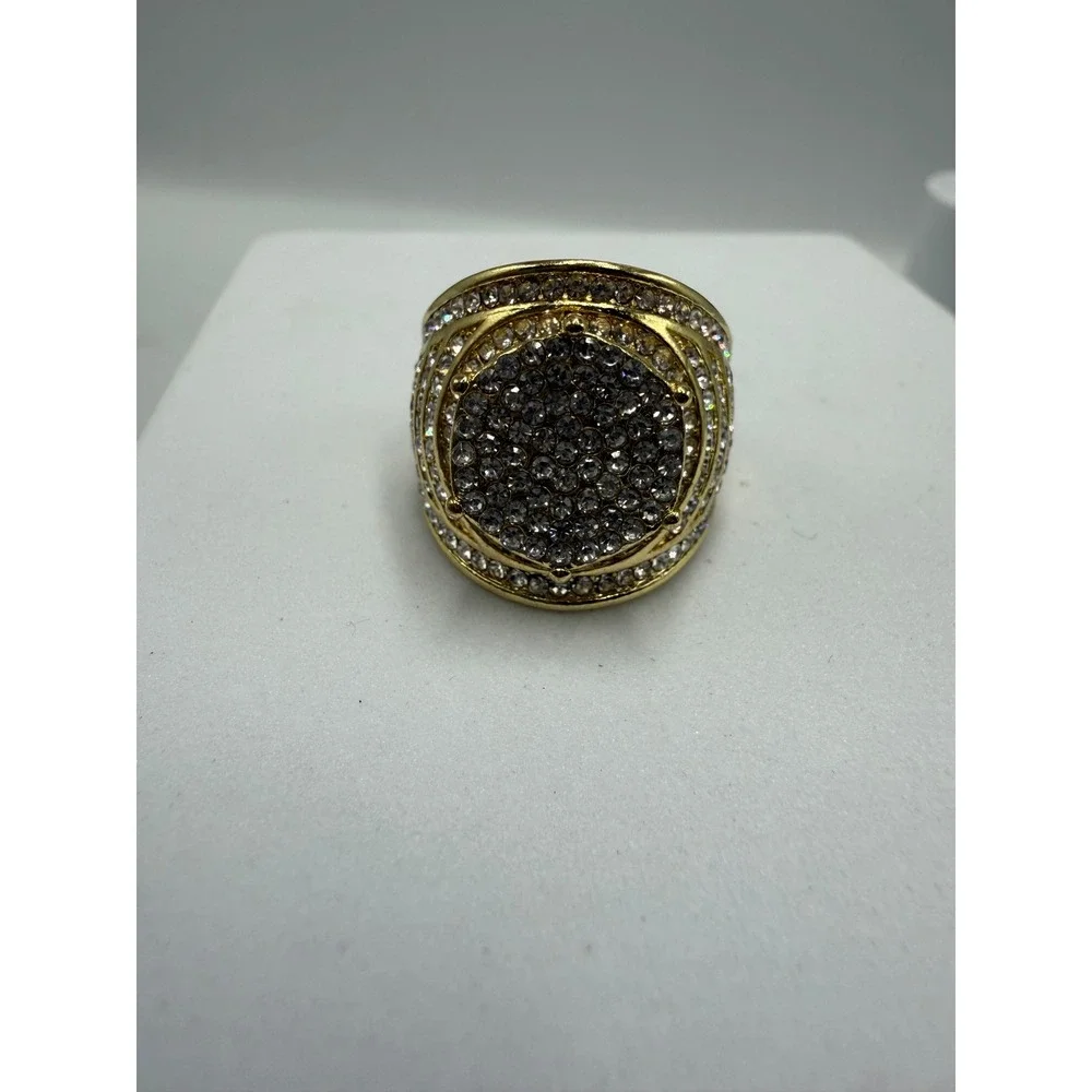 Gold Tone Iced Out Rhinestone Statement Ring Mens Size‎ 8.5 Hip Hop Pinky Ring